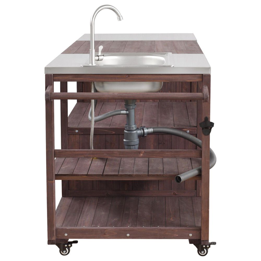 HOMLUX 75.4" Outdoor Kitchen Island with Sink, Solid Wood Outdoor Grill Cart for XL Green Egg Grills, Rolling Outdoor Bar Cart with Stainless Steel Top, for Pizza Prep &amp; BBQ, Brown, , large