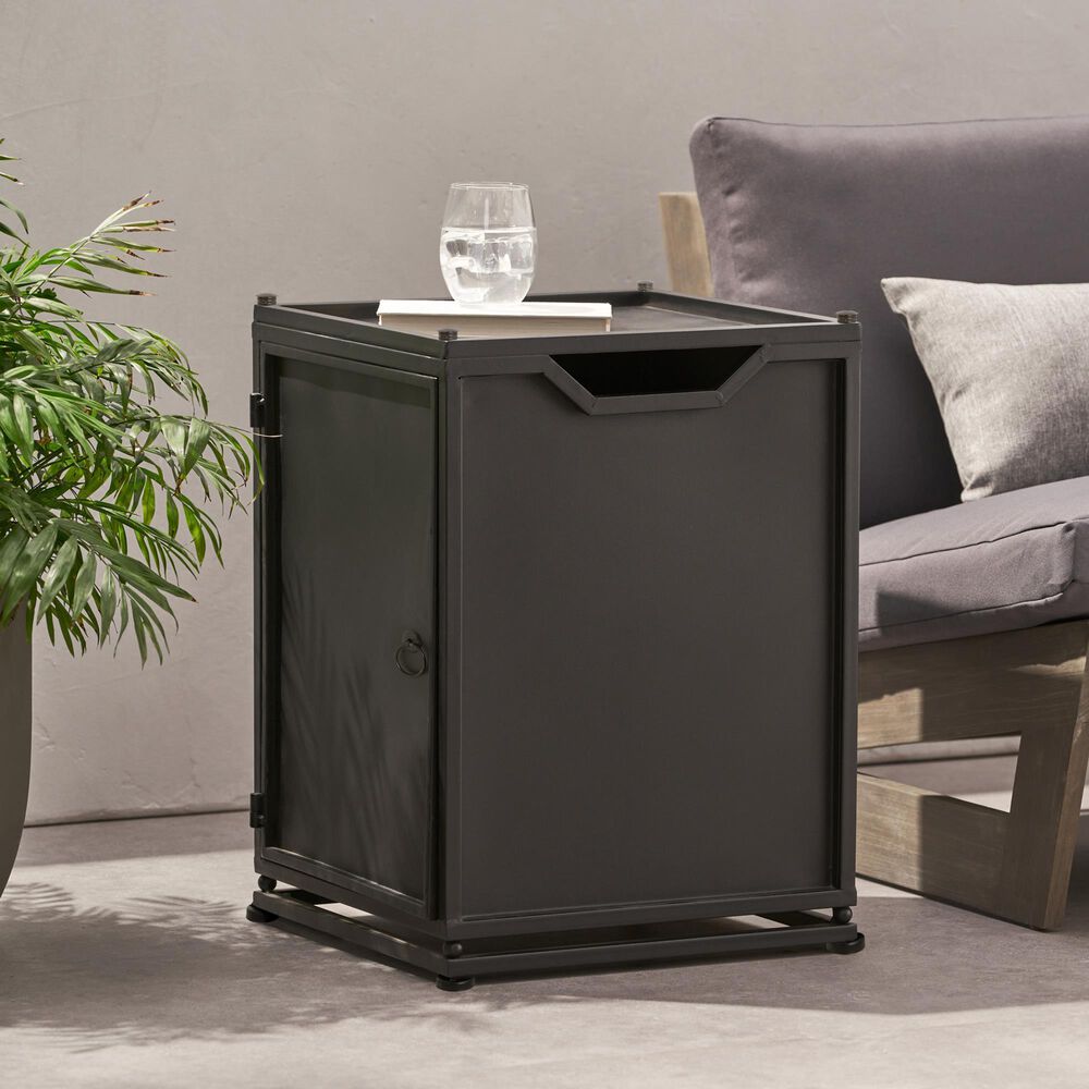 Hearth and Haven Outdoor Metal Tank Holder Side Table with Door in Matte Black, , large