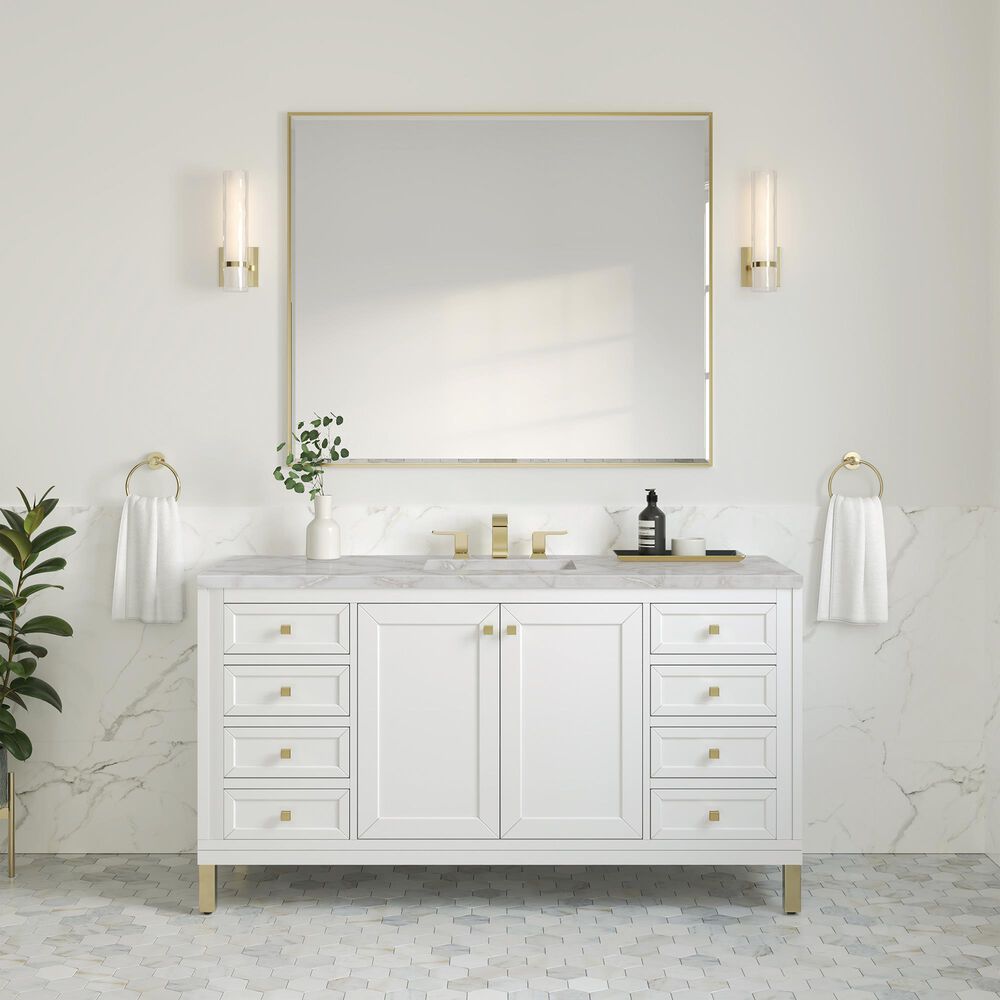 James Martin Vanities Chicago 60&quot; Single Bathroom Vanity in Glossy White with 3 cm Victorian Silver Quartz Top and Rectangular Sink, , large