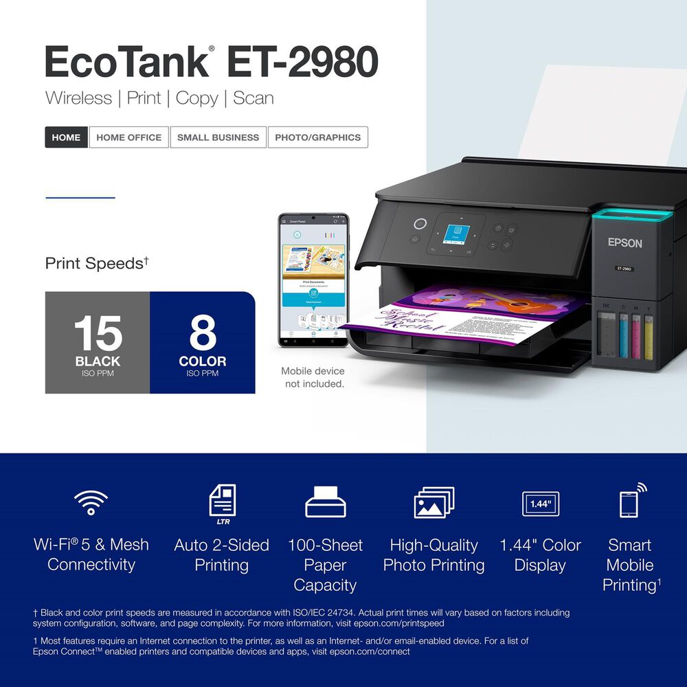 Epson EcoTank ET-2980 Wireless All-in-One Color Supertank Printer in Black, , large