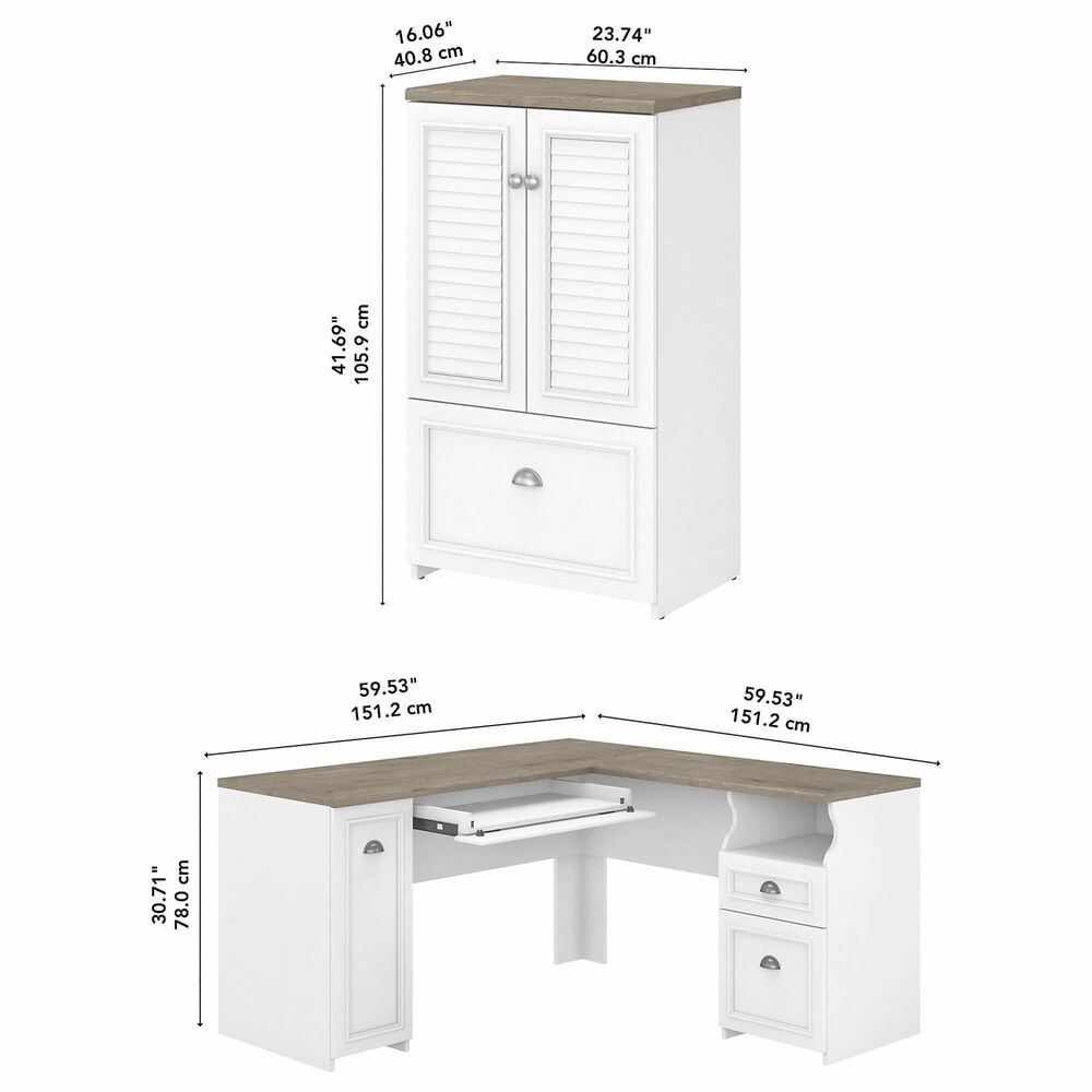 Bush Fairview 3-Piece Office Desk and File Cabinet Set in Shiplap Gray and Pure White, , large
