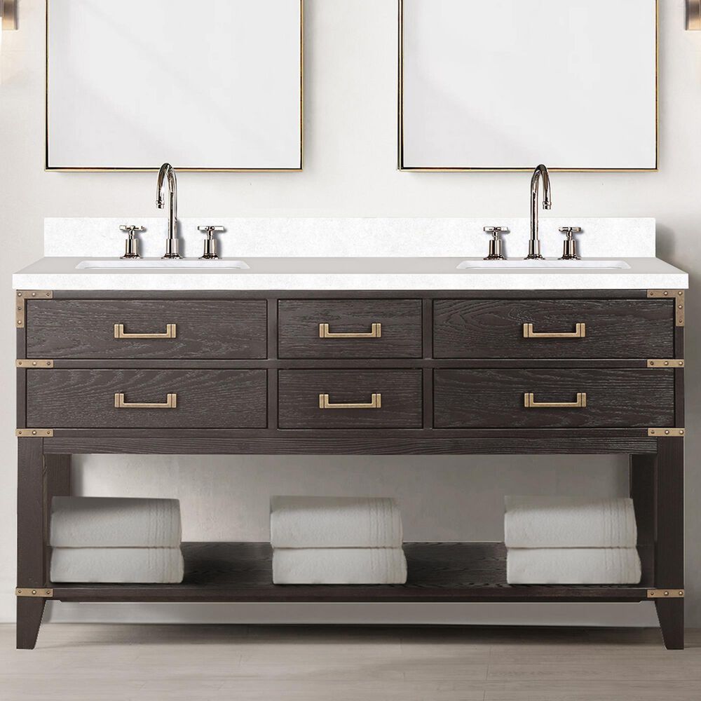 Lexora Home Norwalk 60&quot; Double Bathroom Vanity in Brown Oak with White Cultured Marble Top  and Rectangle Sink, , large