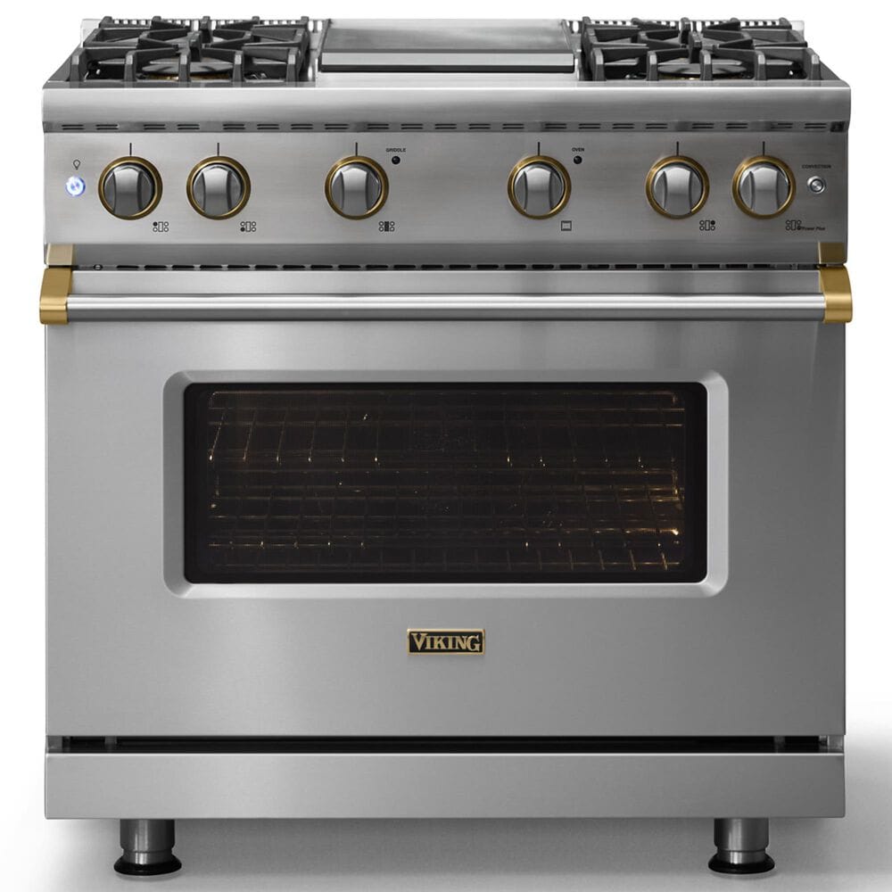 Viking Range 36" Freestanding Sealed Burner Gas Range with Brushed Brass Accents in Stainless Steel, , large