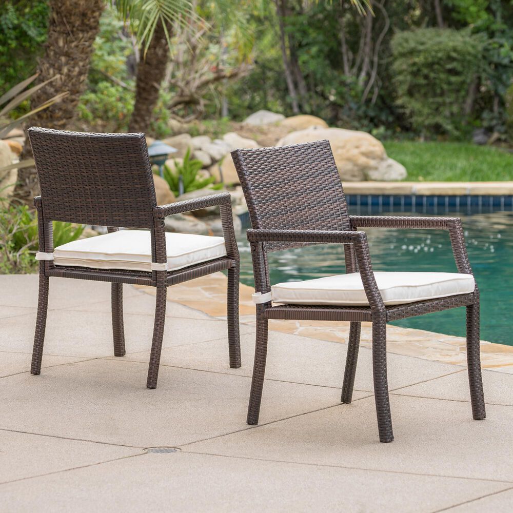 Hearth and Haven Rhode Island Rattan Dining Chair with White Cushion in Brown &#40;Set of 2&#41;, , large