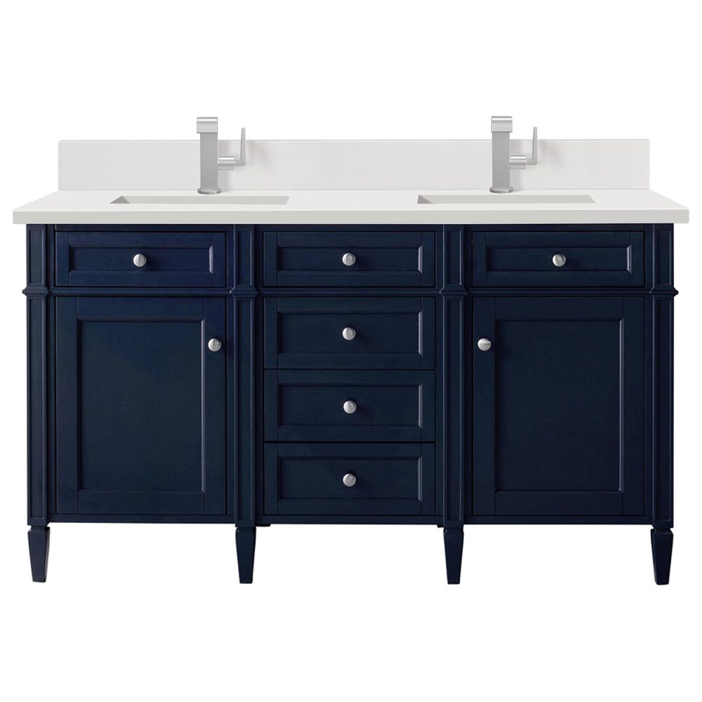 James Martin Vanities Brittany 60" Double Bathroom Vanity in Victory Blue with Single Hole 3 cm White Zeus Quartz Top and Rectangular Sinks, , large