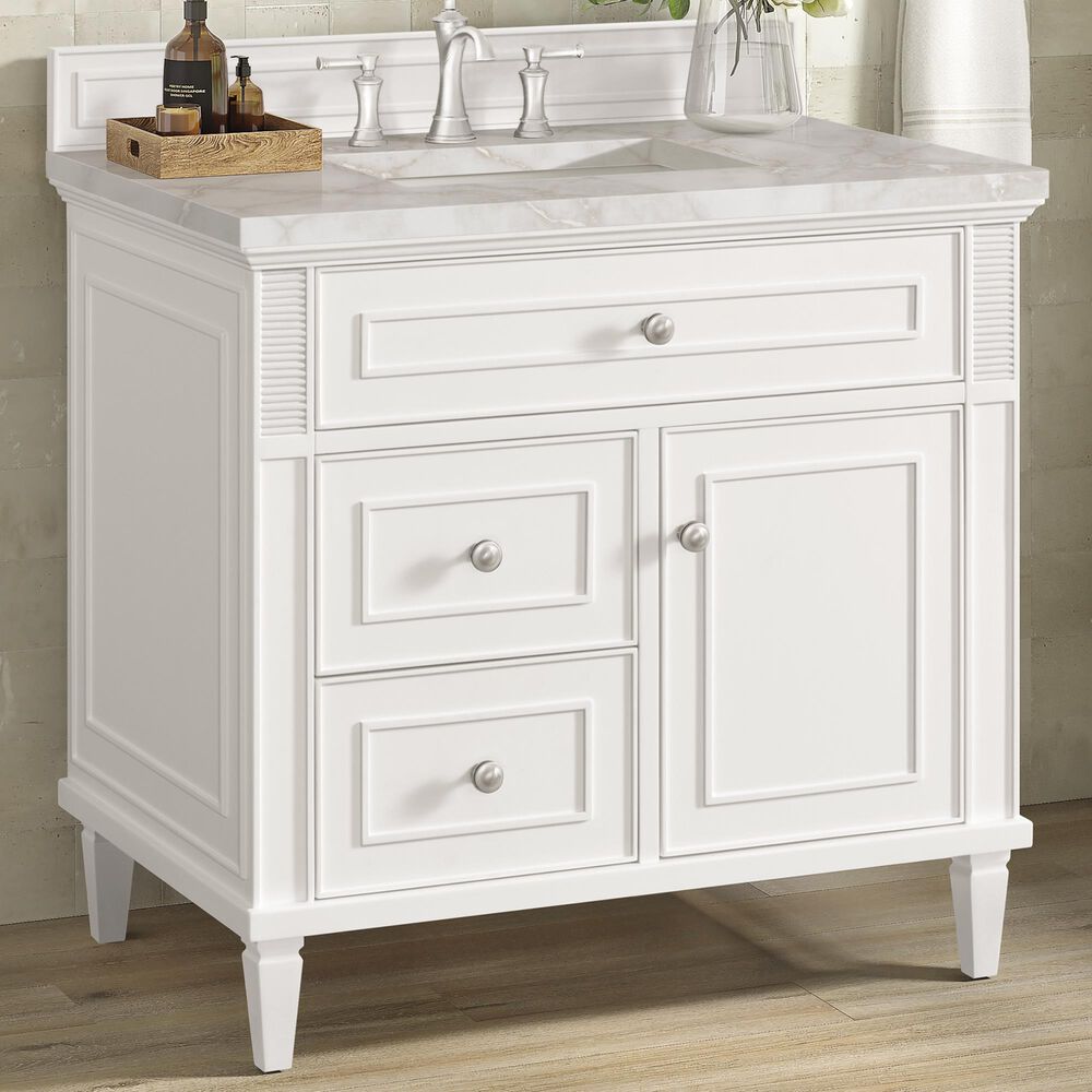 James Martin Vanities Lorelai 36&quot; Single Vanity in Bright White with 3 cm Victorian Silver Quartz Top, , large