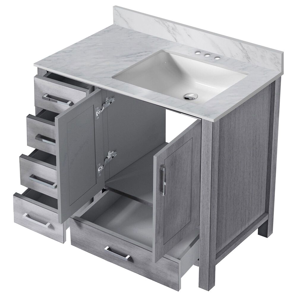 Lexora Home Jacques 36&quot; Right Offset Single Bathroom Vanity in Distressed Grey with 2 cm White Carrara Marble Top and Rectangular Sink, , large