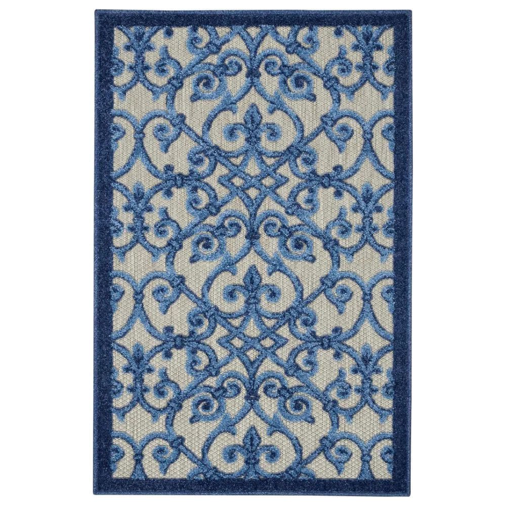 Nourison Aloha Damask 2"8" x 4" Grey and Blue Indoor/Outdoor Area Rug, , large