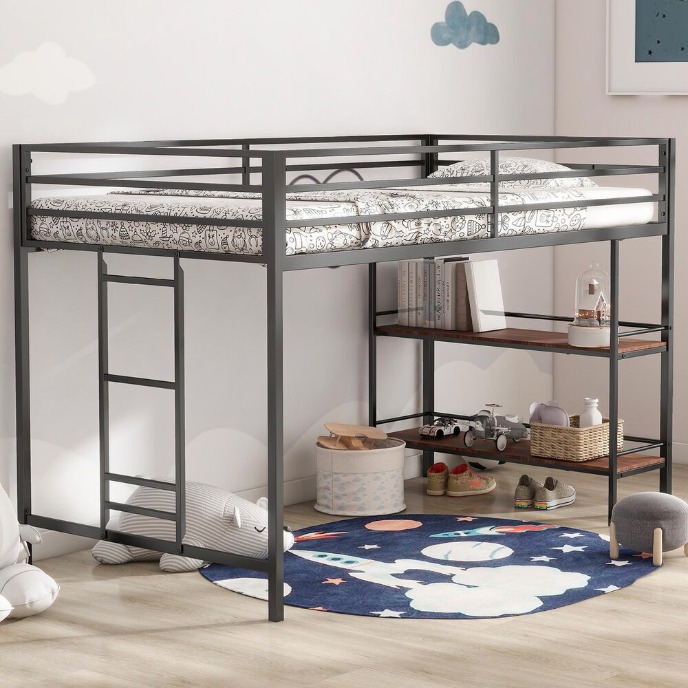 Hearth and Haven Adam Twin Loft Bunk Bed with Cinnamon Wood Shelf in Black, , large