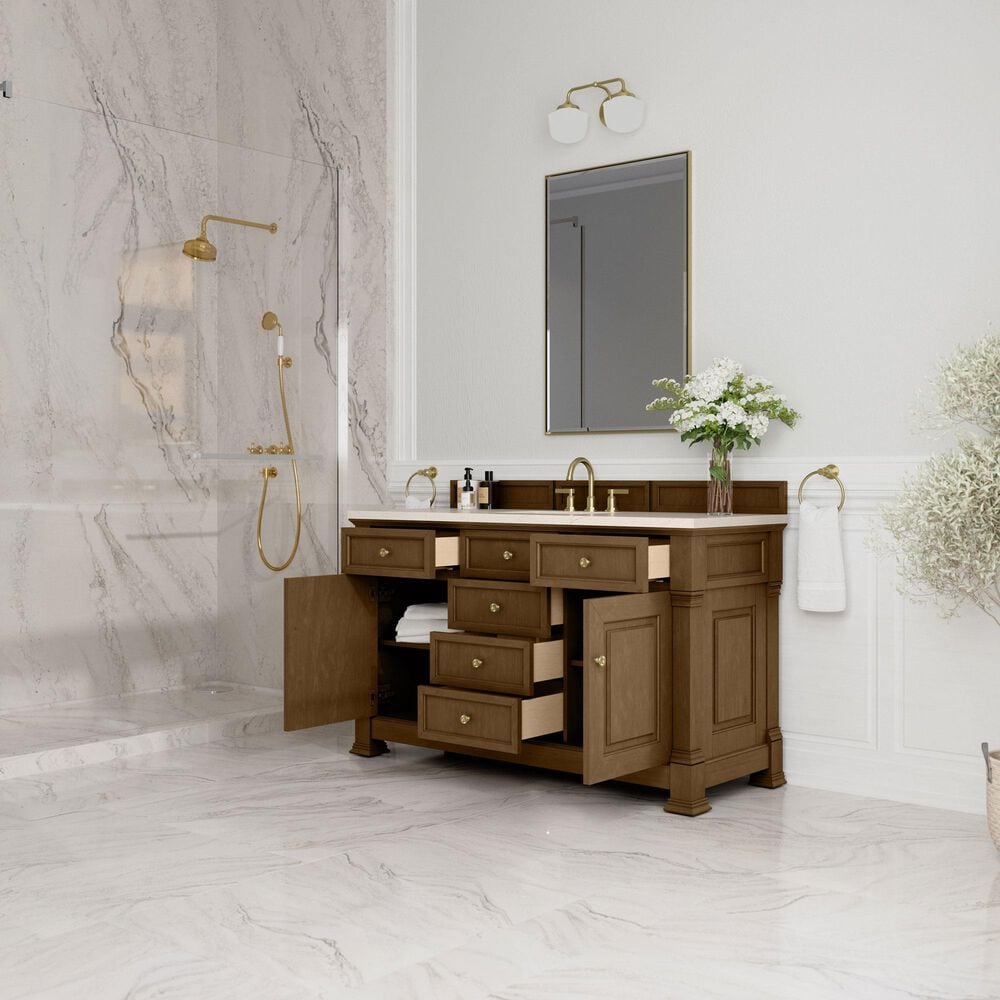 James Martin Vanities Brookfield 60&quot; Single Bathroom Vanity in Honey Oak with 3 cm Eternal Marfil Quartz Top and Rectangular Sink, , large