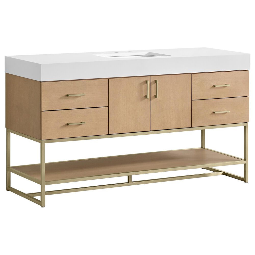 37B Mauri 60" Single Bathroom Vanity with Metal Base in Warm Oak and White Composite Stone Top, , large