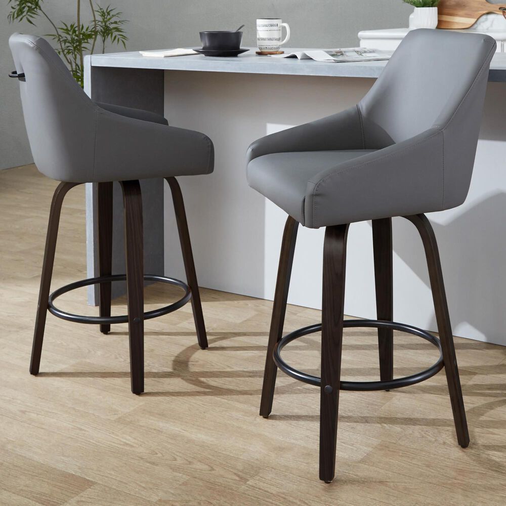 LumiSource Hannah Swivel Counter Stool with Dark Grey Faux Leather Upholstery in Walnut and Black (Set of 2), , large