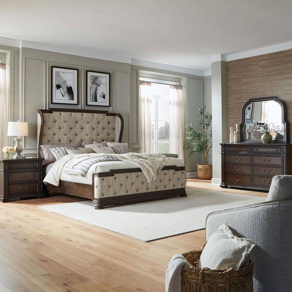 Belle Furnishings Provence Park 4-Piece Queen Upholstered Shelter Bedroom Set in Chateau Brown, , large