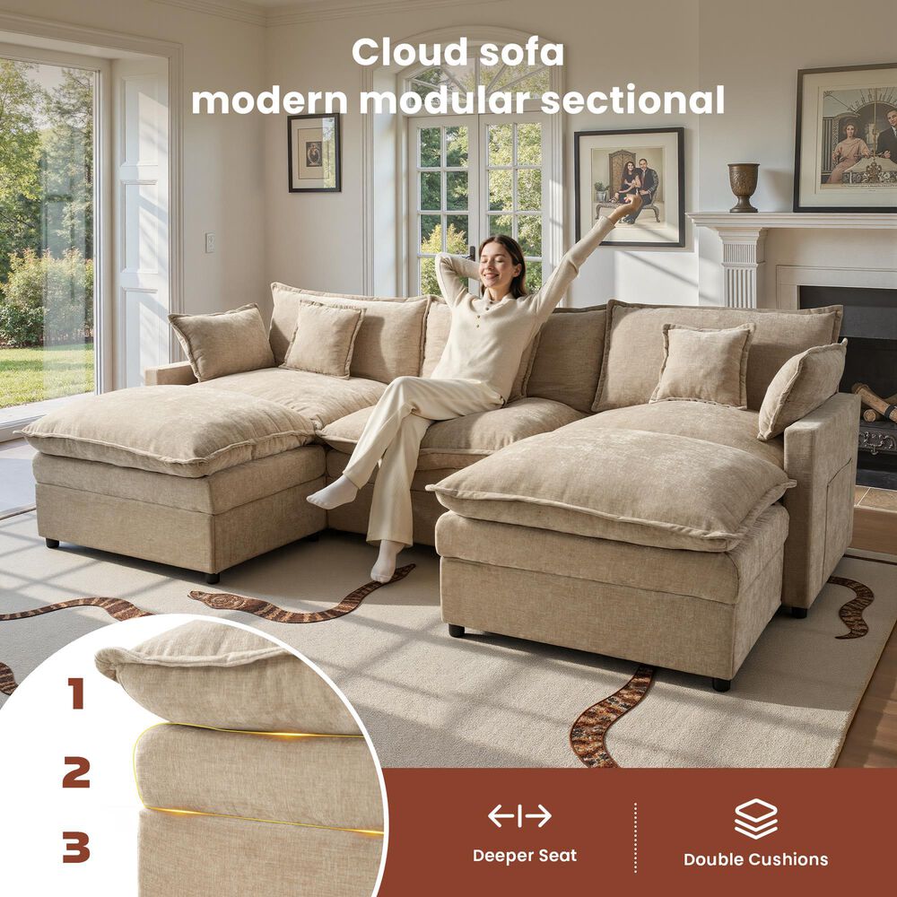 HOMLUX 107.87" Ultra-Comfort Chenille Sectional Sofa in Camel, , large