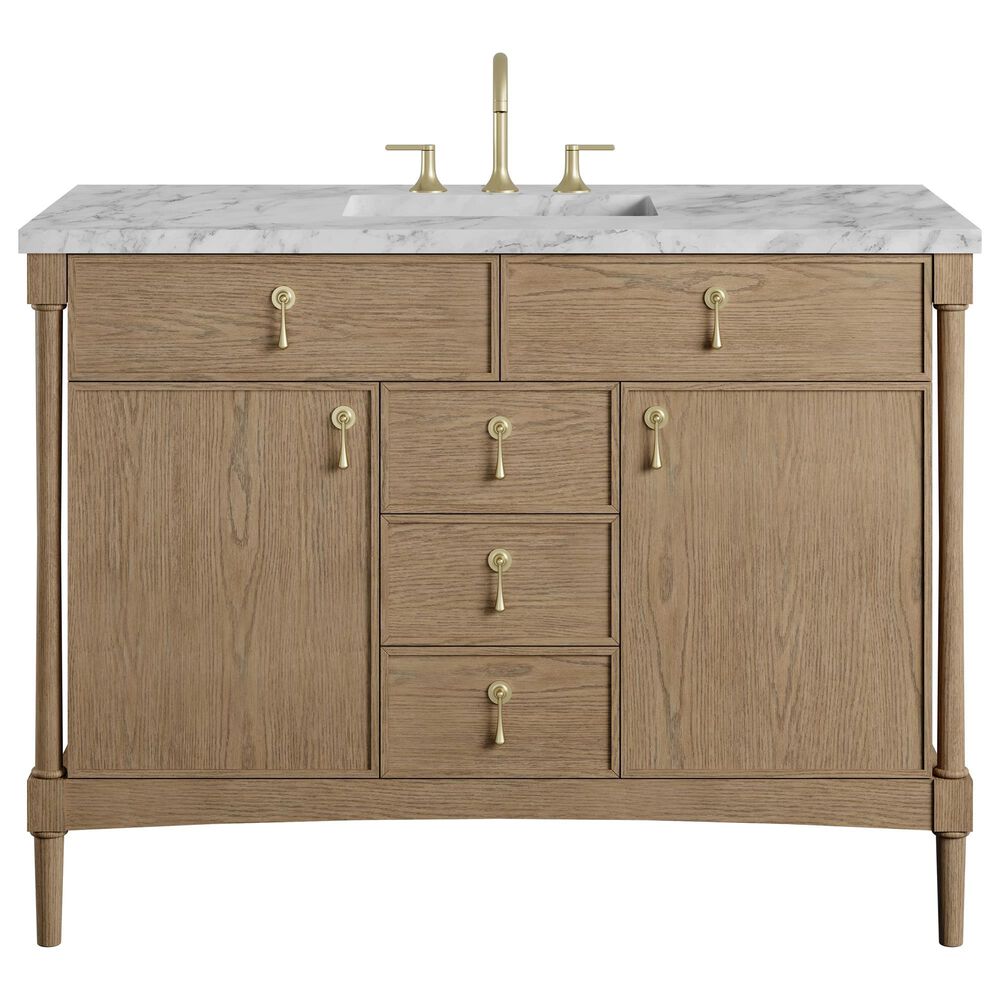 James Martin Kinnsden 48" Single Bathroom Vanity in Weathered Oak with 3 cm Carrara Marble Top and Rectangular Sink, , large