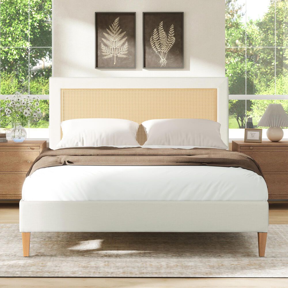 Hearth and Haven Haley Queen Platform Bed with Antique White Upholstery in Natural, , large