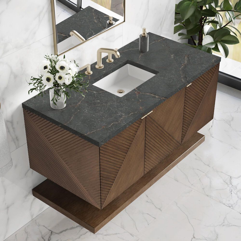 James Martin Vanities Marcello 48" Wall Mounted Single Bathroom Vanity in Chestnut with 3 cm Parisien Bleu Quartz Top and Rectangular Sink, , large