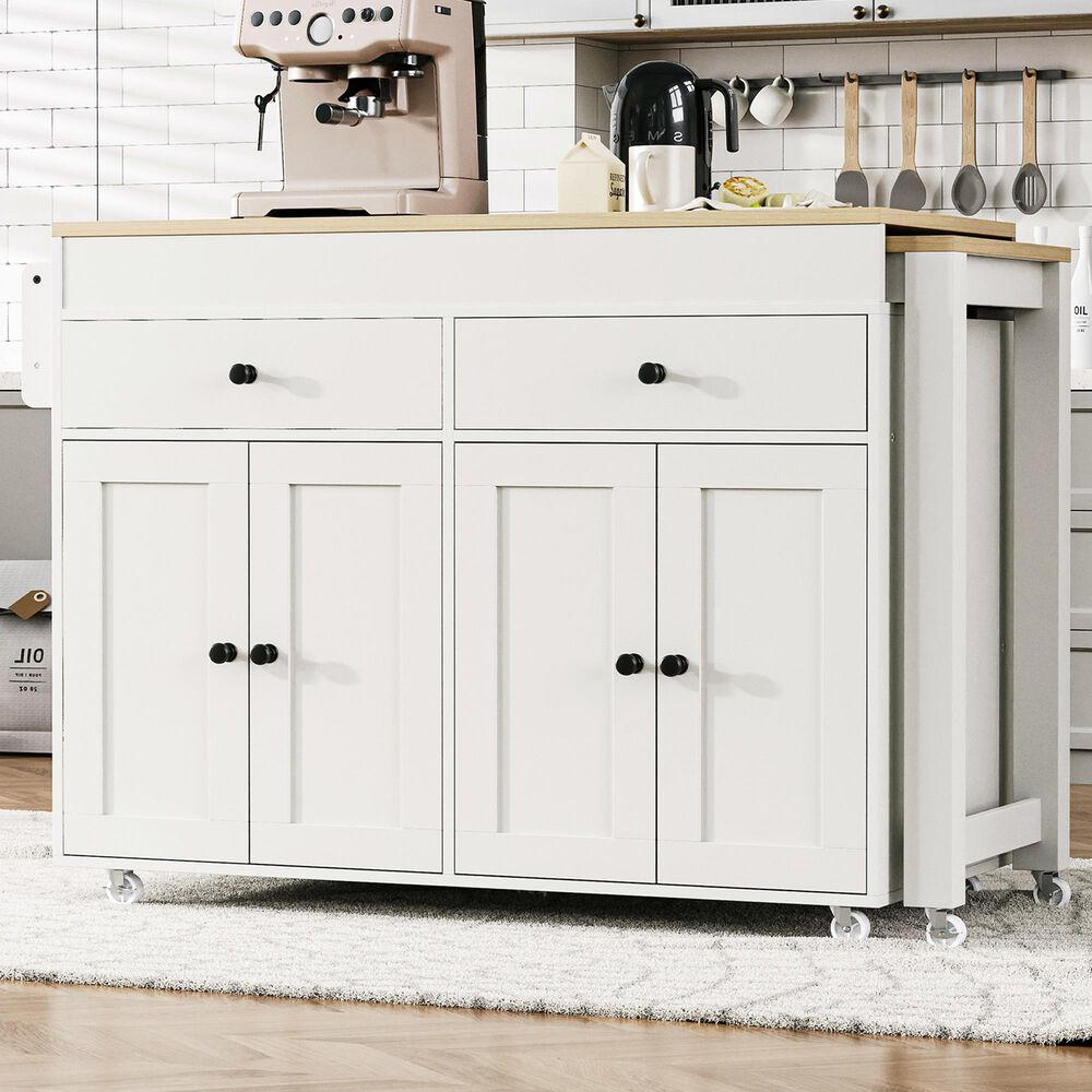 HOMLUX 75" Kitchen Island with Extendable Dining Table in White, , large