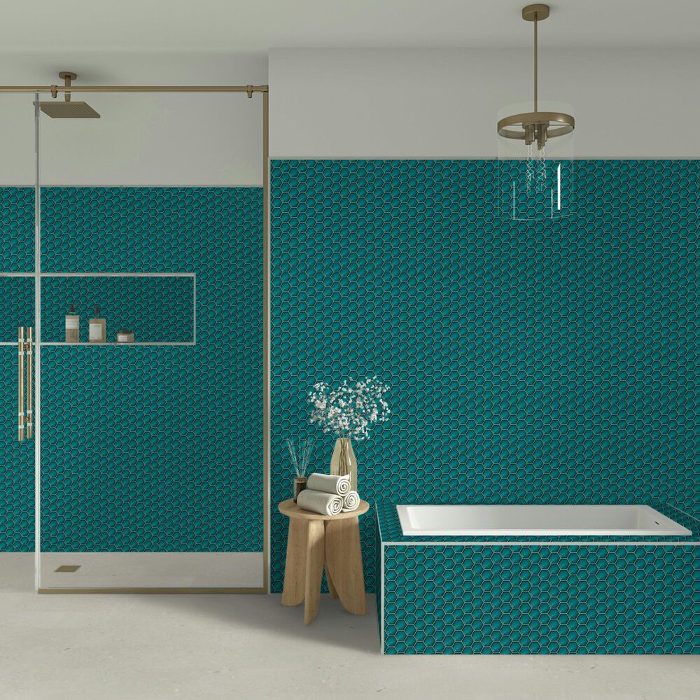 Dal-Tile Artefino Jewel Aquamarine 3" Pyramid Hexagon Apex on 11" x 12" Porcelain Mosaic Sheet, , large