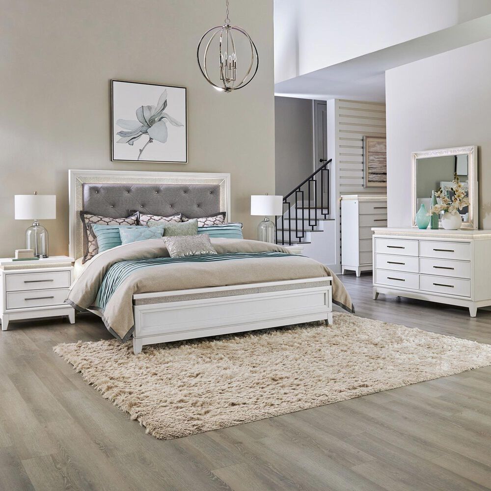 Belle Furnishings Reflections 5-Piece Queen Upholstered Bedroom Set in Pearl White and Rhinestone, , large