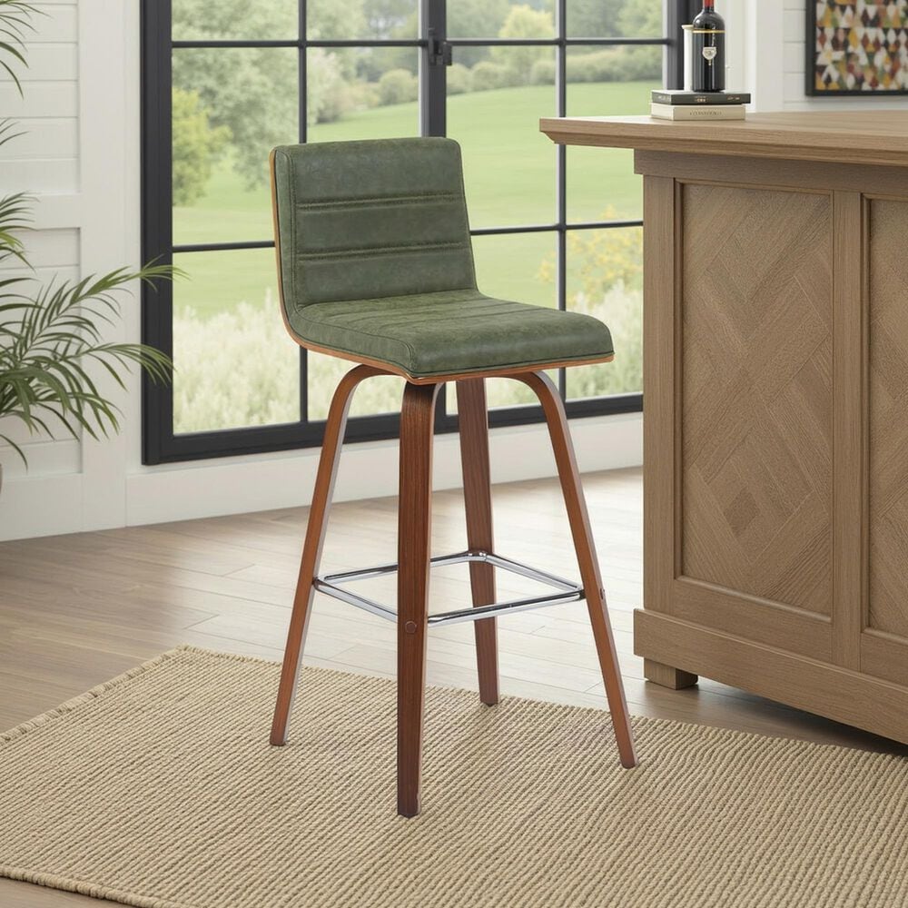 Armen Living Vienna Swivel Bar Height Stool with Vintage Green Upholstery in Walnut, , large