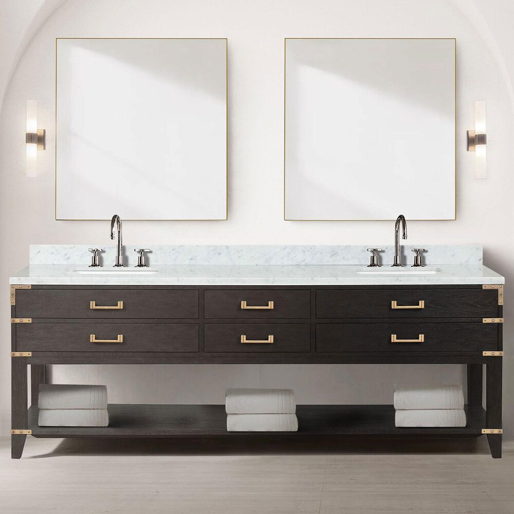 Lexora Home Norwalk 84&quot; Double Bathroom Vanity in Brown Oak with White Carrara Marble Top and Rectangle Sink, , large