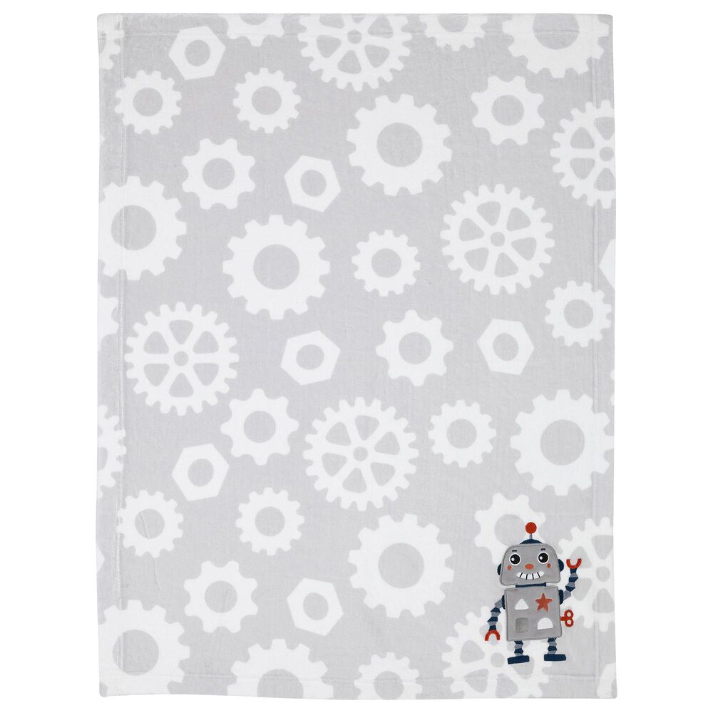 Lambs and Ivy Robbie Robot Baby Blanket in Blue, Grey and Red, , large