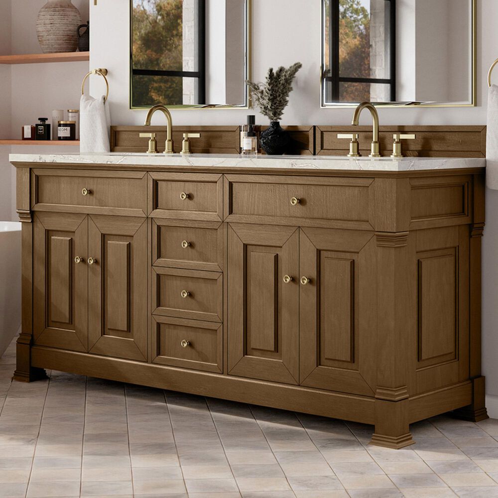 James Martin Vanities Brookfield 72&quot; Double Bathroom Vanity in Honey Oak with 3cm Victorian Silver Quartz Top and Rectangular Sinks, , large