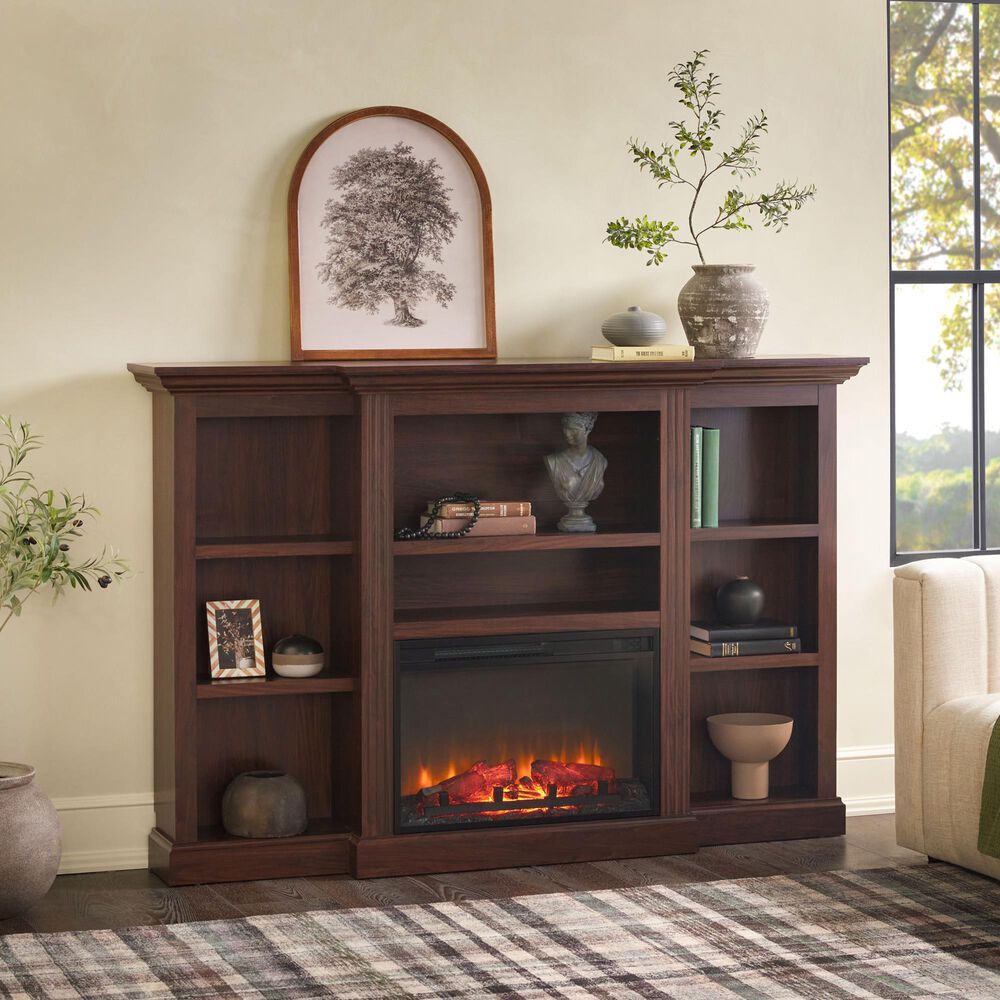 Walker Edison Cullen 70&quot; Electric Fireplace with Mantel and Shelves in Brown, , large
