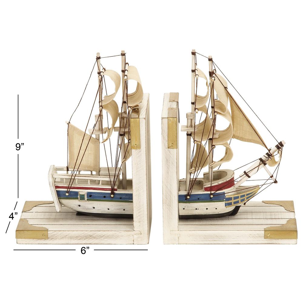 Maple and Jade Coastal Sail Boat Bookends in White Washed, Gold and Blue &#40;Set of 2&#41;, , large