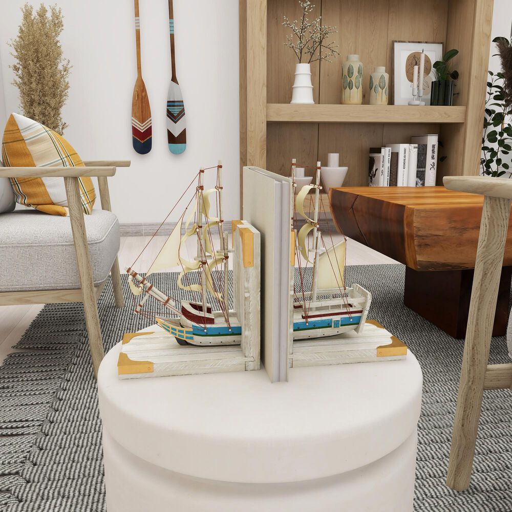 Maple and Jade Coastal Sail Boat Bookends in White Washed, Gold and Blue &#40;Set of 2&#41;, , large
