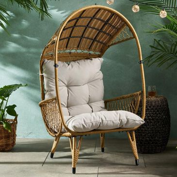 Noble House Cavendish Patio Basket Chair with Beige Cushion in Light Brown, , large
