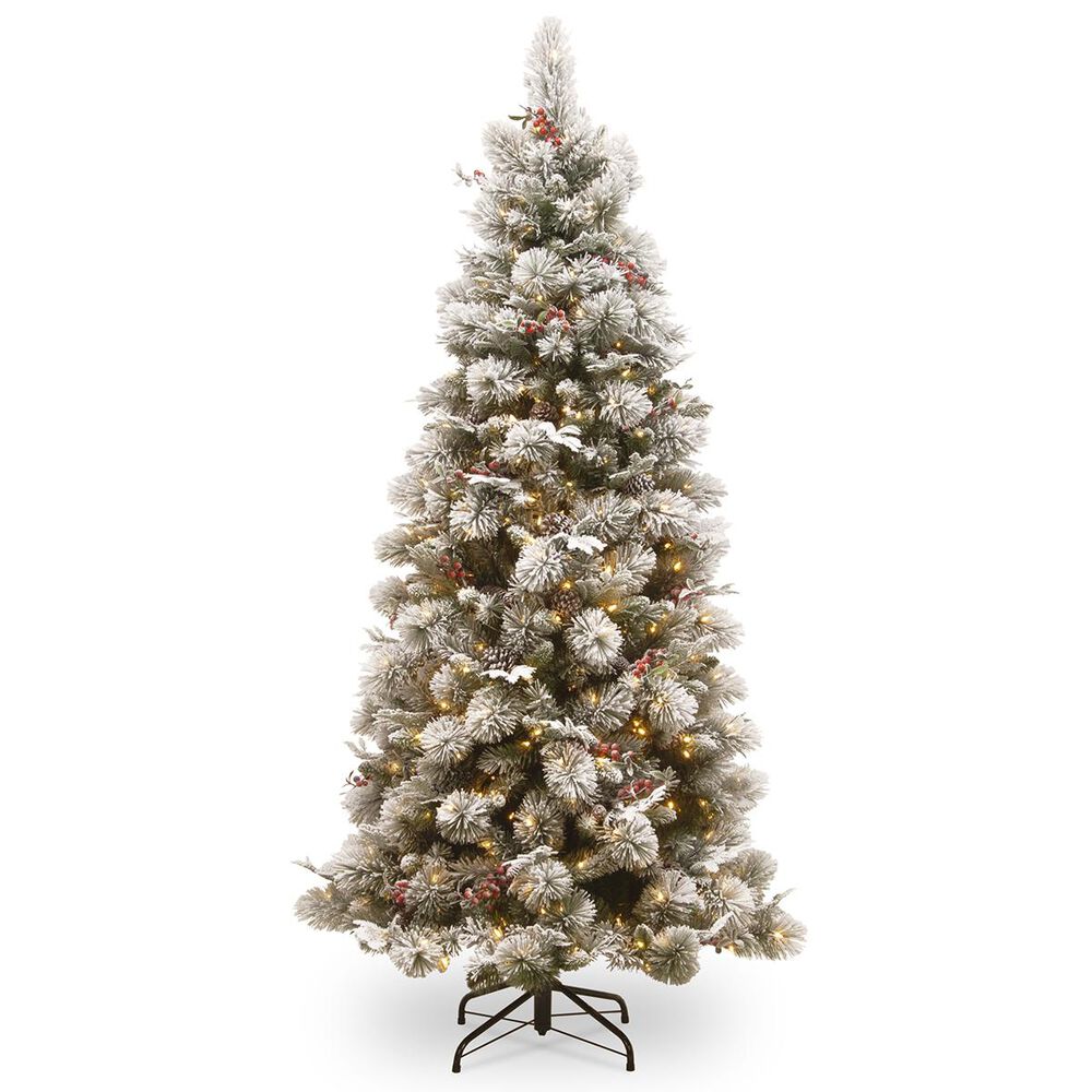 National Tree 7.5" Snowy Bedford Pine Slim Tree with Red Berries, Cedar Leaves, Mixed Cones & 500 White Lights, , large
