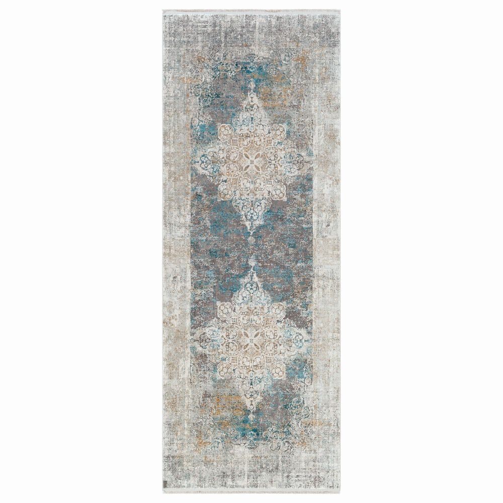 Surya Solar 3" x 8" Sky Blue, Charcoal, Light Gray, White and Saffron Runner, , large