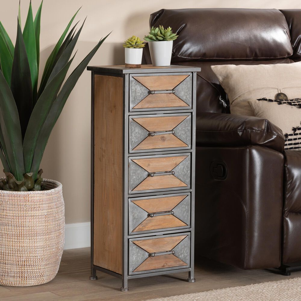 Baxton Studio Laurel 5-Drawer Accent Storage Cabinet in Whitewashed Oak Brown and Antique Grey, , large