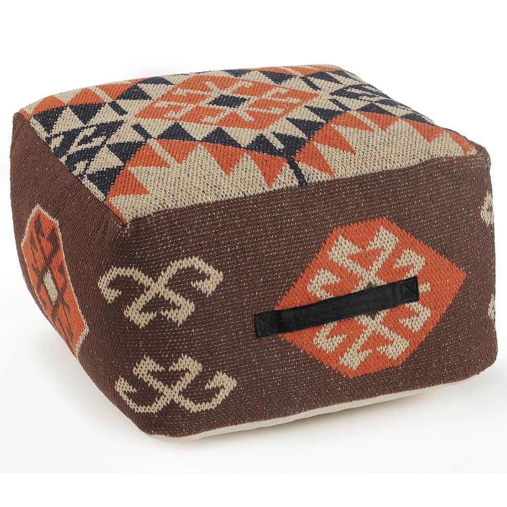 LR Home 18" Square Kilim Pouf in Brown and Orange, , large
