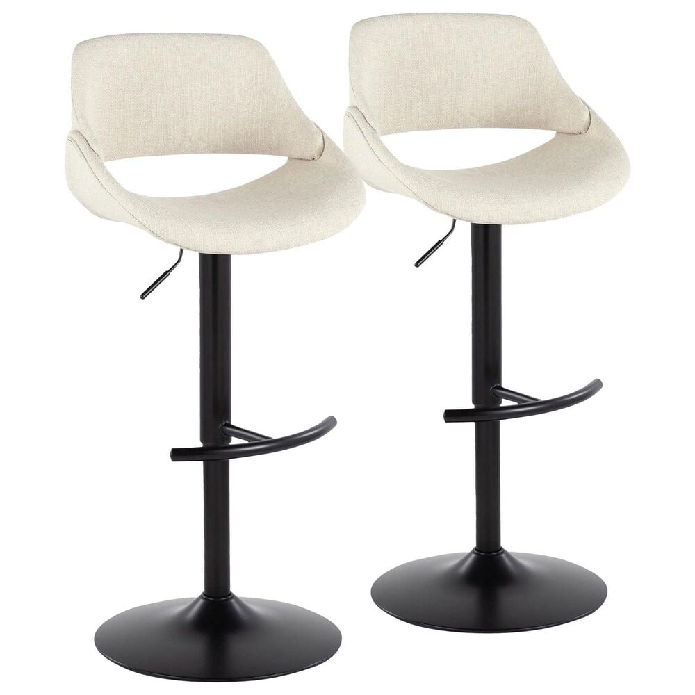 LumiSource Fabrico Swivel Adjustable Bar Stool with Cream Noise Fabric Upholstery and Rounded T Footrest in Black (Set of 2), , large
