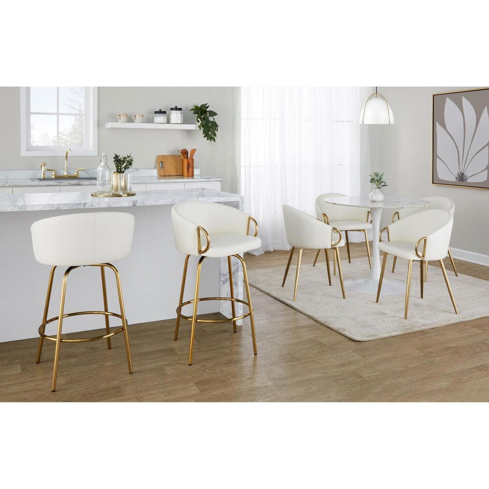 LumiSource Claire Swivel Counter Stool with White Faux Leather Upholstery in Gold (Set of 2), , large