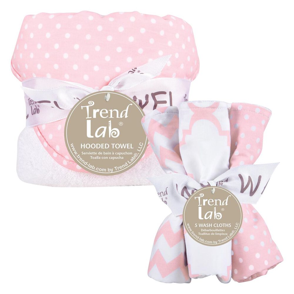 Trend Lab LLC Pink Sky 6-Piece Dot Hooded Towel and Wash Cloth Set, , large