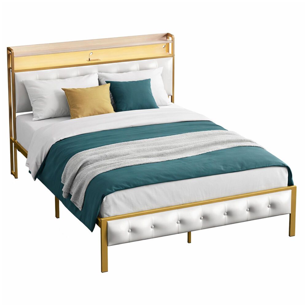 HOMLUX Queen Upholstered Bookcase Bed with LED Headboard with Charging Station in White, , large