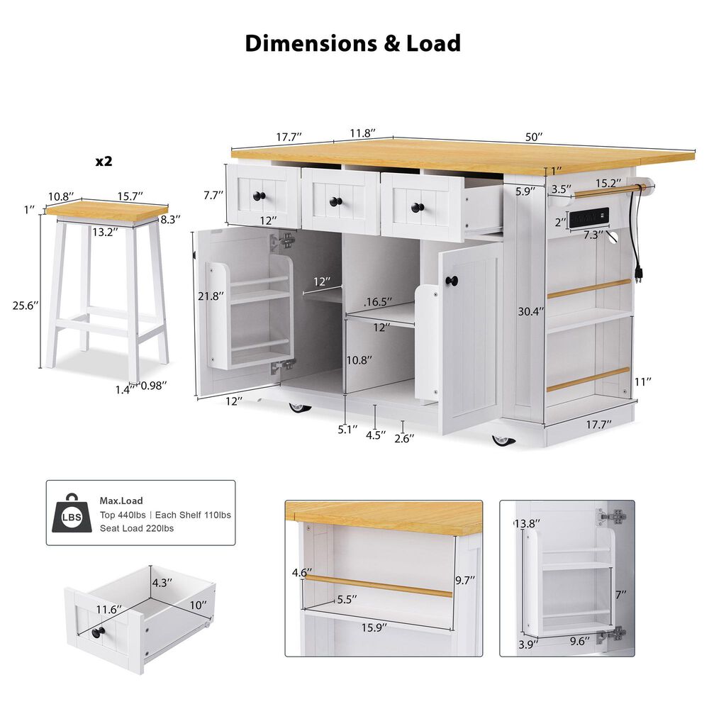 HOMLUX 53inch Large Kitchen Island in White(Three Packages), , large