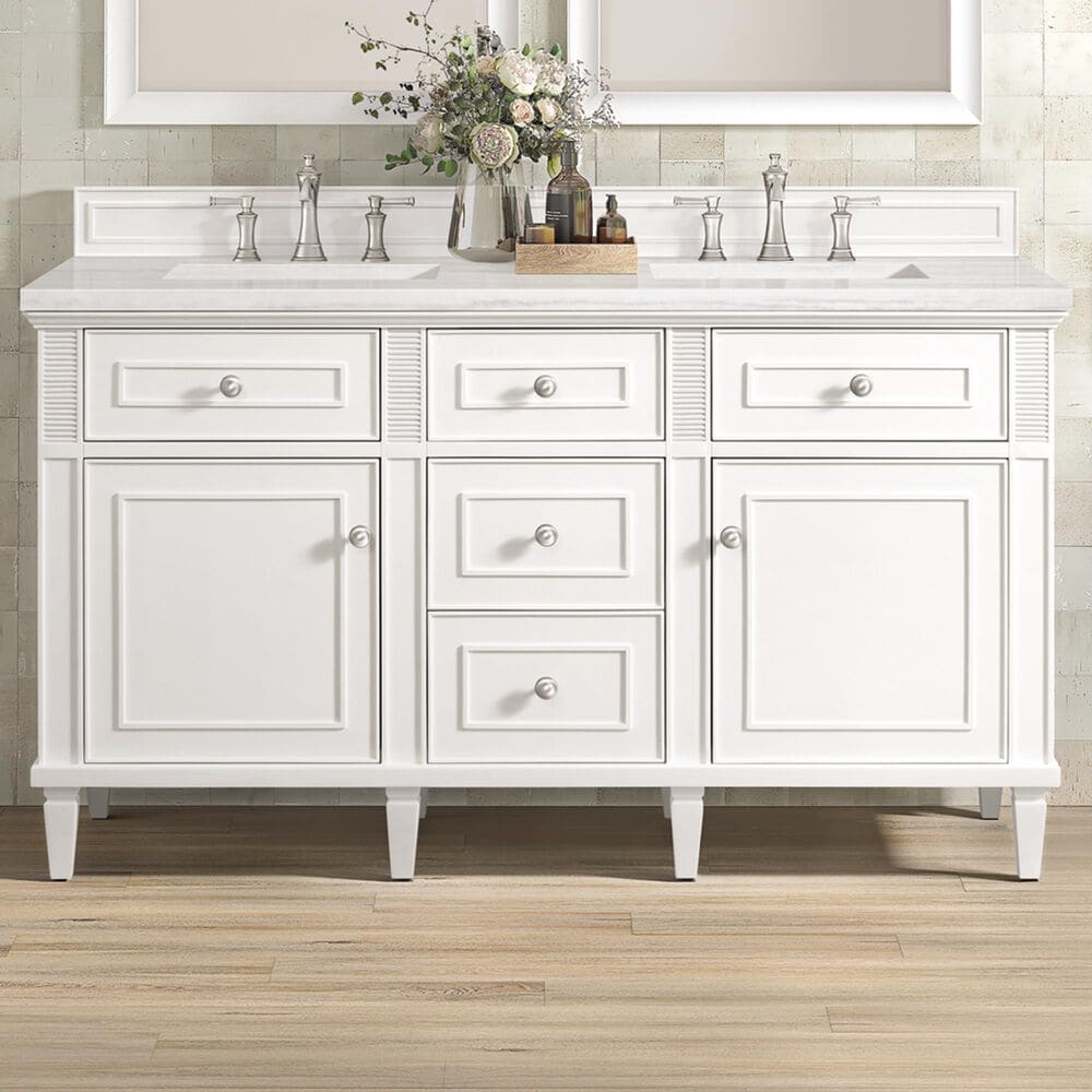 James Martin Vanities Lorelai 60&quot; Double Vanity in Bright White with 3 cm Arctic Fall Solid Surface Top, , large