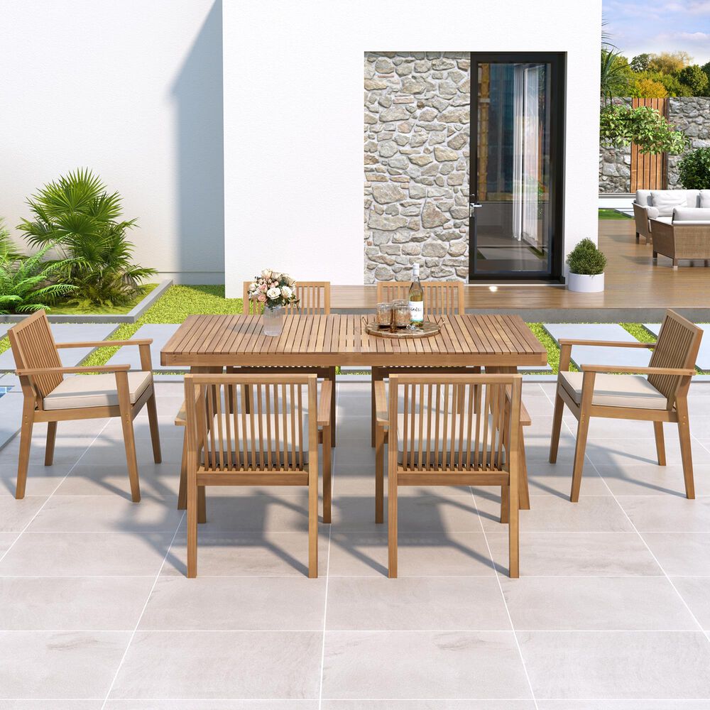 Hearth and Haven 7-Piece Outdoor Dining Set with Beige Cushions in Brown, , large