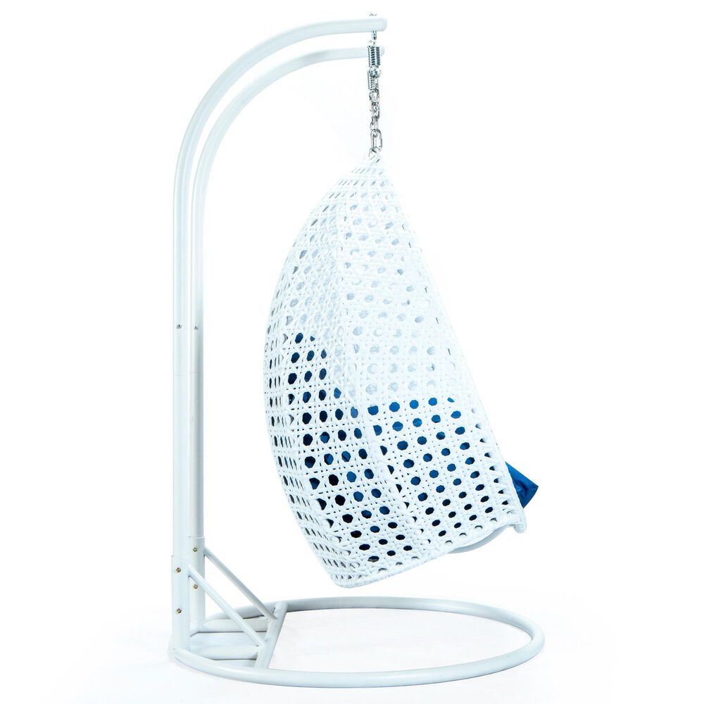 Leisuremod 2-Seat Hanging Egg Swing Chair with Blue Cushion in White, , large