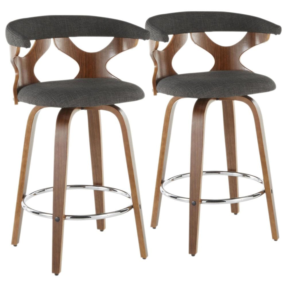 LumiSource Gardenia Swivel Fixed-Height Counter Stool with Charcoal Fabric Upholstery in Chrome and Walnut (Set of 2), , large