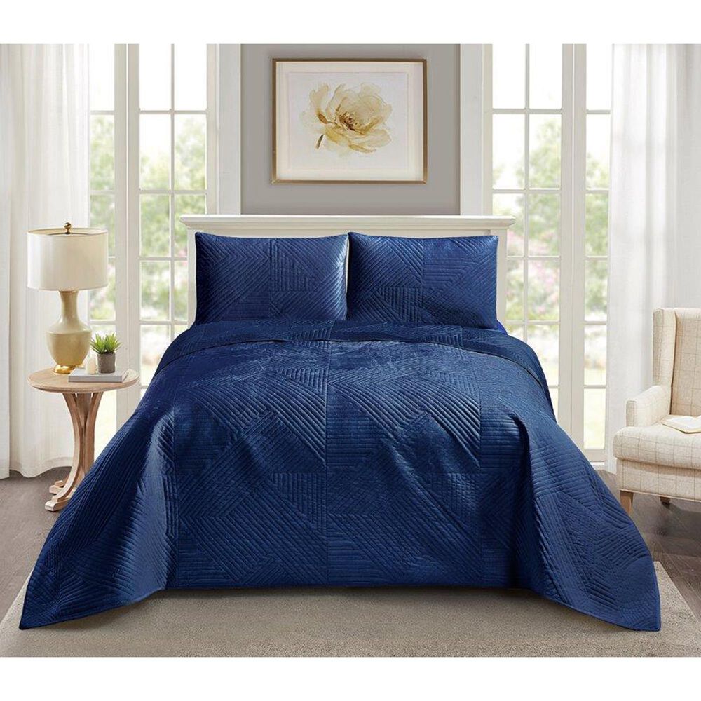 Duke Imports Virah Bella Micromink 3-Piece King Quilt Set in Striped Navy Weave, , large