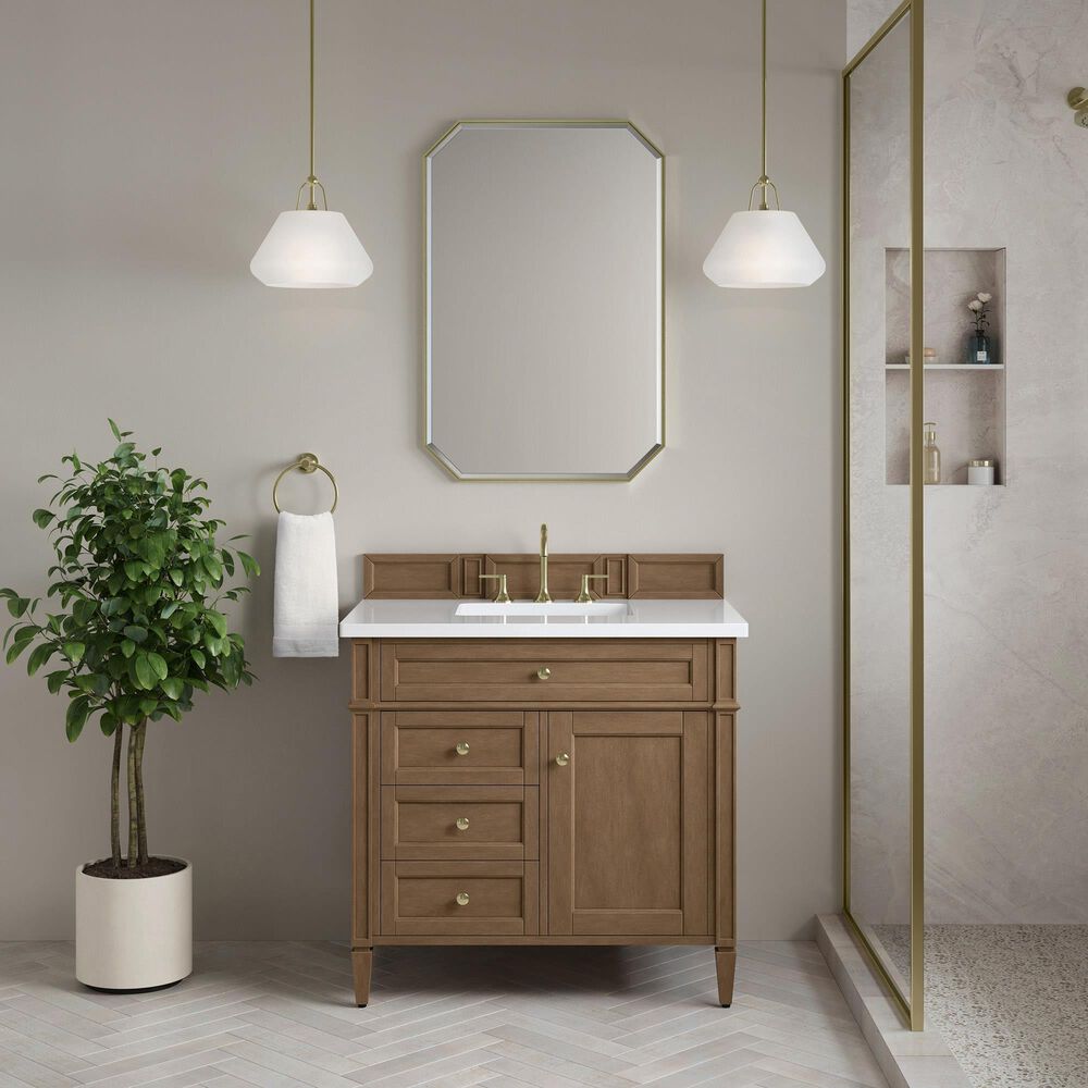 James Martin Brittany 36" Single Bathroom Vanity in Pecan with 3 cm White Zeus Silestone Top and Rectangular Sink, , large