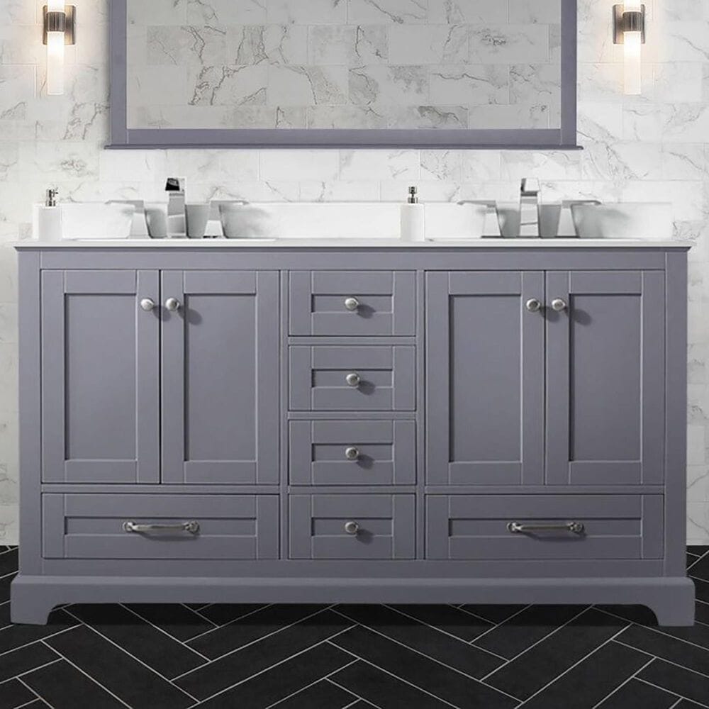 Lexora Home Dukes 60" Double Bathroom Vanity in Dark Grey with White Quartz Top and Rectangular Sinks, , large