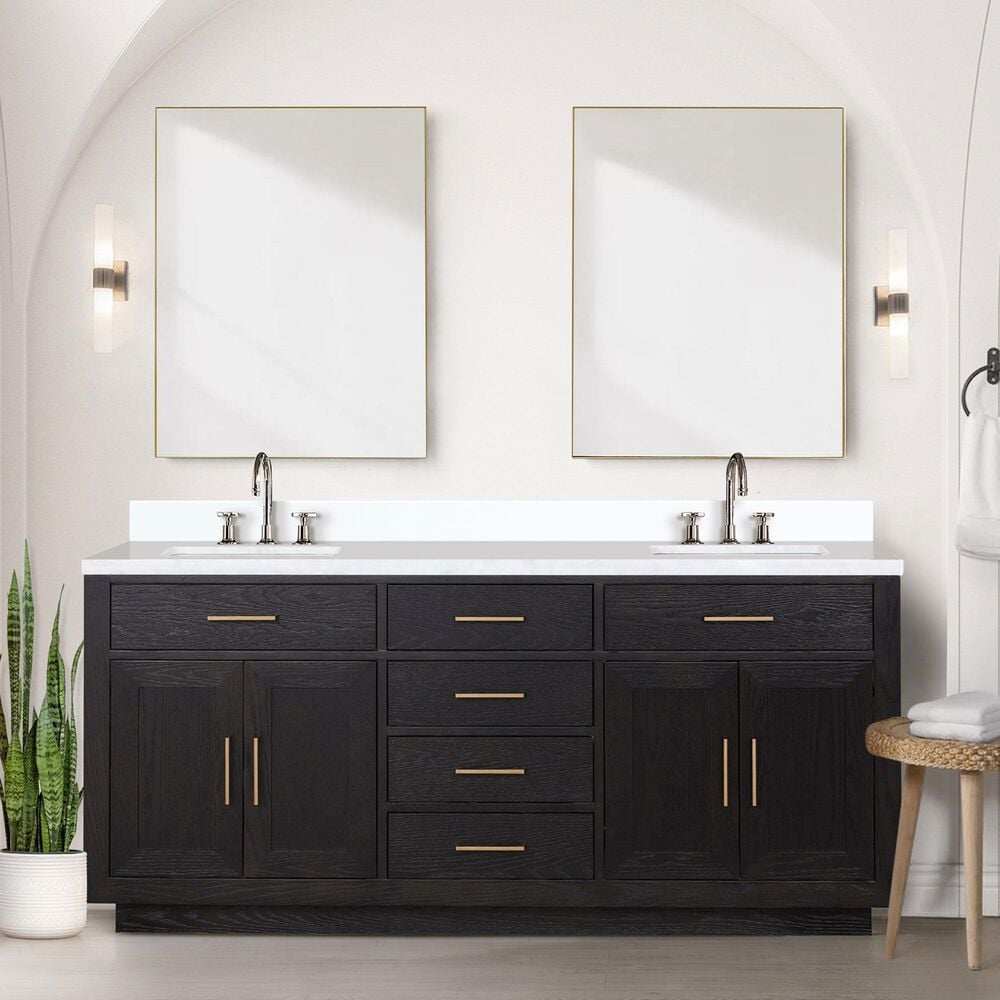 Lexora Home Abbey 72&quot; Double Bathroom Vanity in Black Oak with 2 cm White Cultured Marble Top and Rectangular Sinks, , large