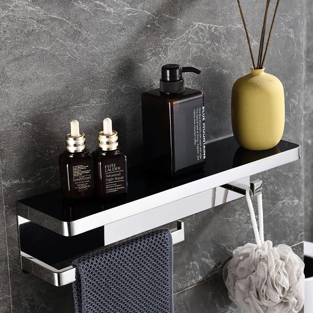 Lexora Home Bagno Bianca Towel Bar and Robe Hook with Glass Shelf in Chrome and Black, , large